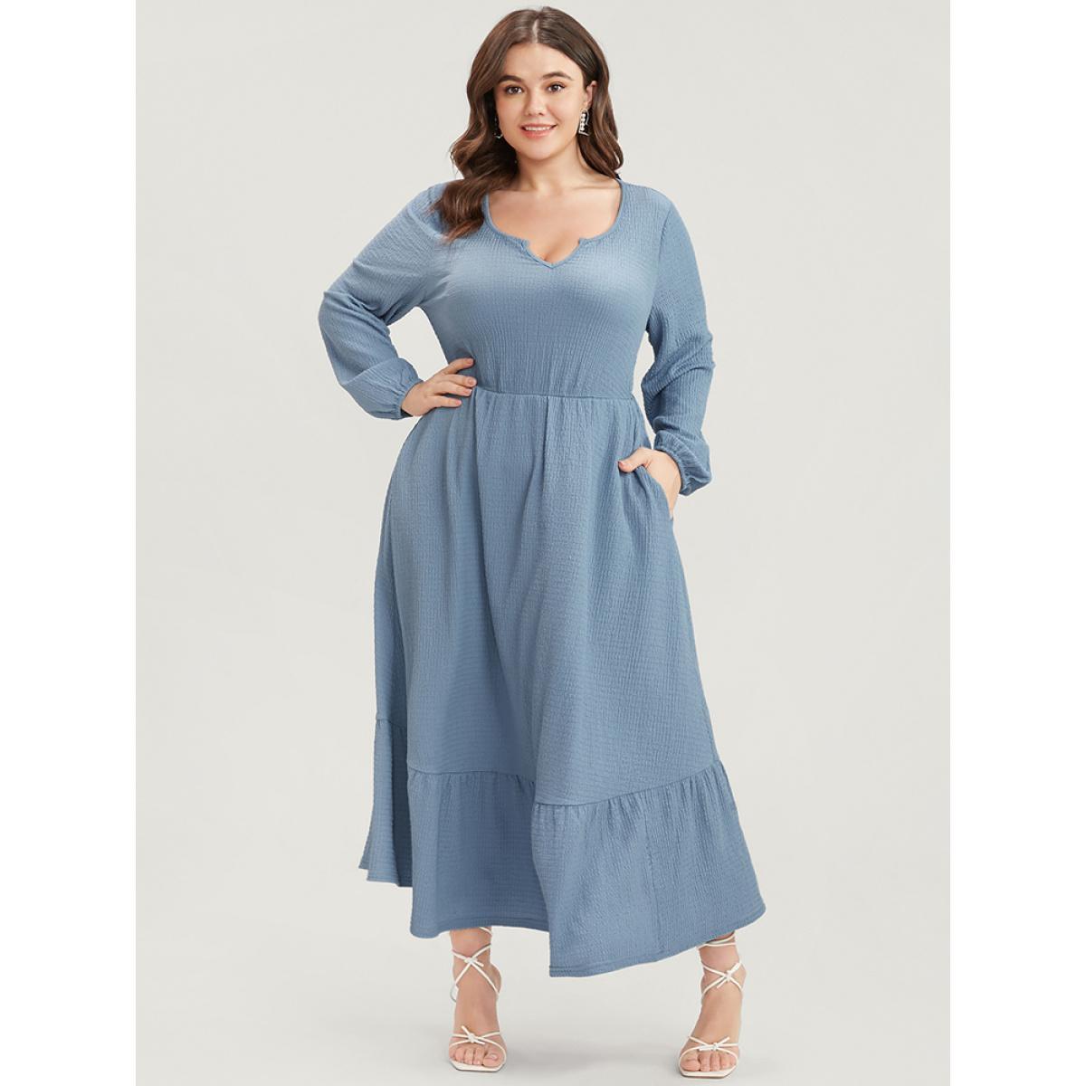 Plus Size Solid Textured Notched Pocket Lantern Sleeve Ruffle Hem Dress LightBlue Women Elegant Pocket V-neck Elbow-length sleeve Curvy Midi Dress BloomChic 12/L Product Image