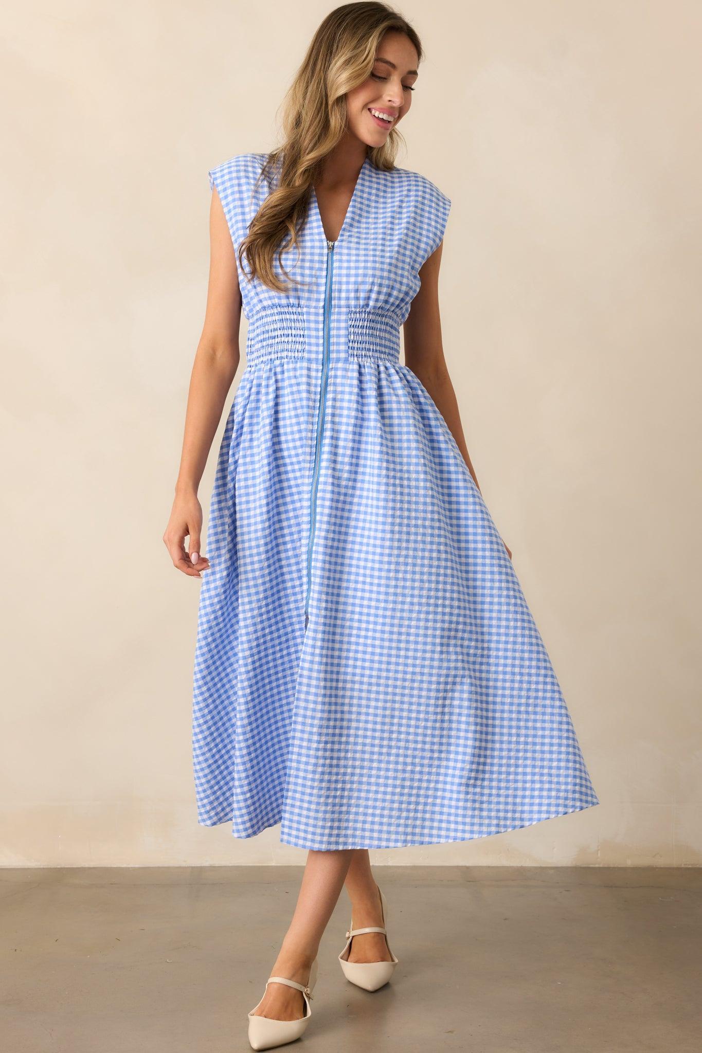 The Evette Blue Gingham Zip Front Midi Dress Product Image
