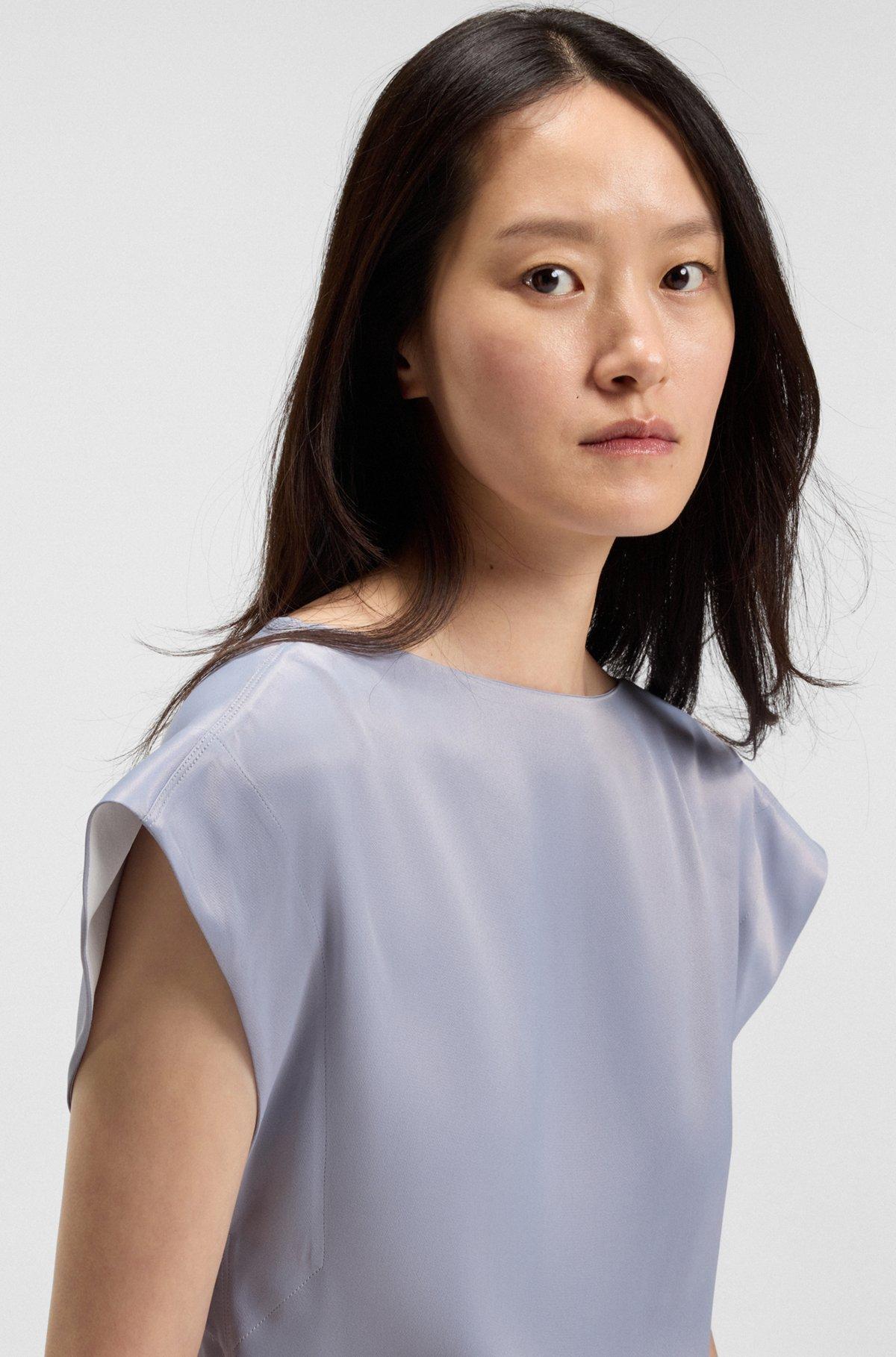 BOSS - Slim-fit satin blouse with draped neckline - Light Grey Product Image