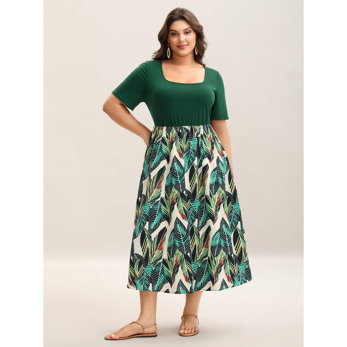 Plus Size Leafy Print Spliced Square Neck Midi Dress Truegreen Women Square Neck Short sleeve Curvy BloomChic 14-16/1X Product Image