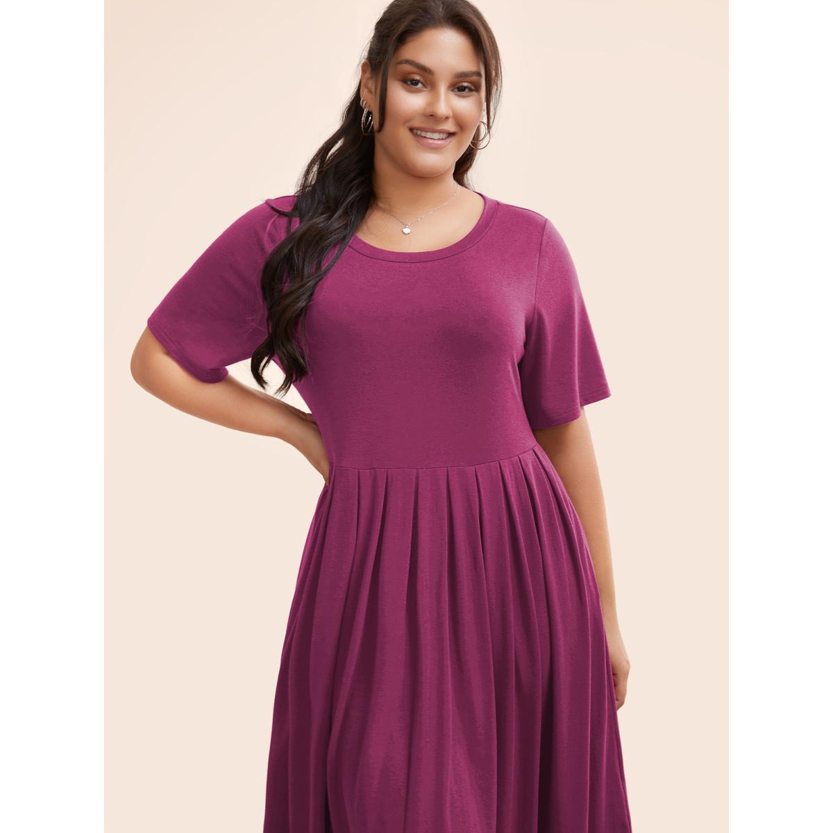 Plus Size Supersoft Essentials Solid Pleated Round Neck Midi Dress RedViolet Women Casual Plain Round Neck Short sleeve Curvy Midi Dress BloomChic 12/L Product Image