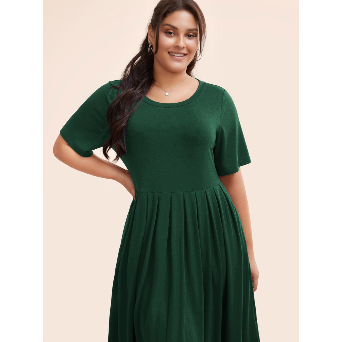 Plus Size Supersoft Essentials Solid Pleated Round Neck Midi Dress Burgundy Women Casual Plain Round Neck Short sleeve Curvy Midi Dress BloomChic 26/4X Product Image