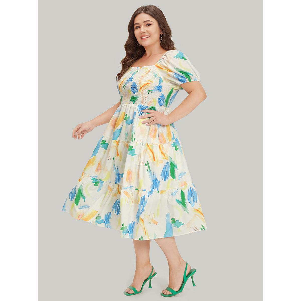 Plus Size Colour Geometric Print Square Neck Shirred Puff Sleeve Dress Multicolor Women Vacation Elastic cuffs Square Neck Short sleeve Curvy Midi Dress BloomChic 10/M Product Image
