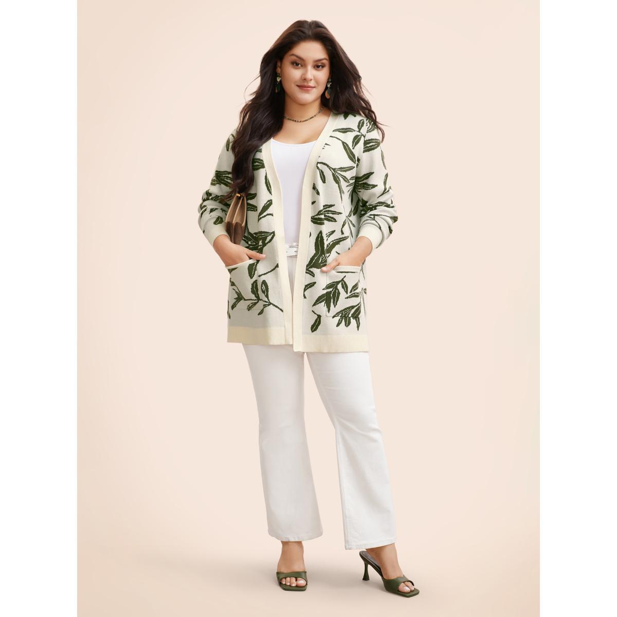 Plus Size Leaf Pattern Patch Pocket Jacquard Cardigan Beige Women Casual Loose Long Sleeve Everyday Cardigans BloomChic 22-24/3X Product Image