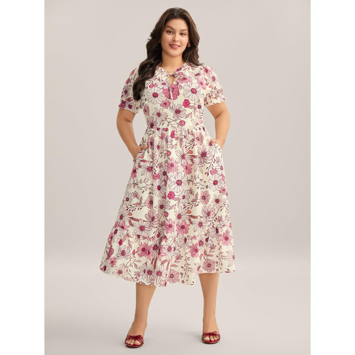 Plus Size Floral Print Neck Tie Tiered Maxi Dress Blush Women Flat collar with V-notch Short sleeve Curvy BloomChic 14-16/1X Product Image
