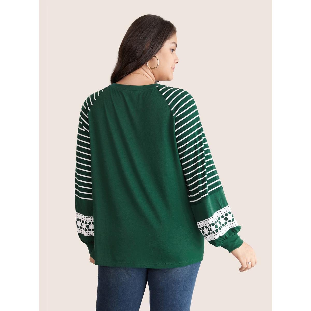 Plus Size Striped Guipure Lace Raglan Sleeve T-shirt DarkGreen Women Elegant Plain Striped Round Neck Dailywear T-shirts BloomChic 12/L Product Image