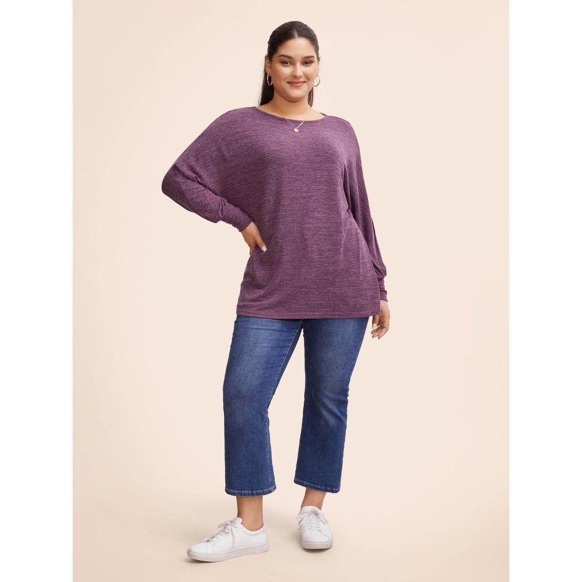 Plus Size Plain Heather Elastic cuffs Dolman Sleeve T-shirt Purple Women Casual Elastic cuffs Plain Round Neck Everyday T-shirts BloomChic 30/6X Product Image