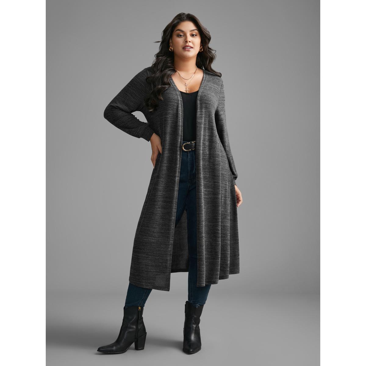 Plus Size Solid Heather Medium Stretch Knit Jacket Women DimGray Non Loose Everyday Jackets BloomChic 28/5X Product Image