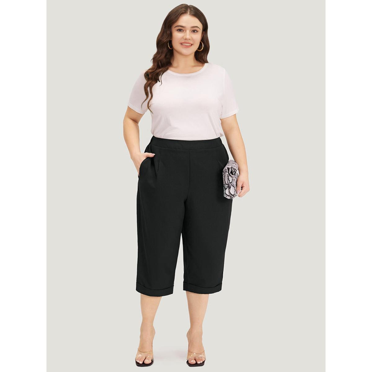 Plus Size Plain Pocket Elastic Waist Pleated Cropped Pants Women Black Office Straight Leg High Rise Work Pants BloomChic 30/6X Product Image