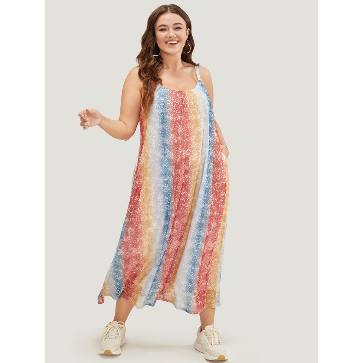 Plus Size Rainbow Striped Pocket Contrast Cami Maxi Dress Multicolor Women Casual Lined Spaghetti Strap Sleeveless Curvy Long Dress BloomChic 10/M Product Image