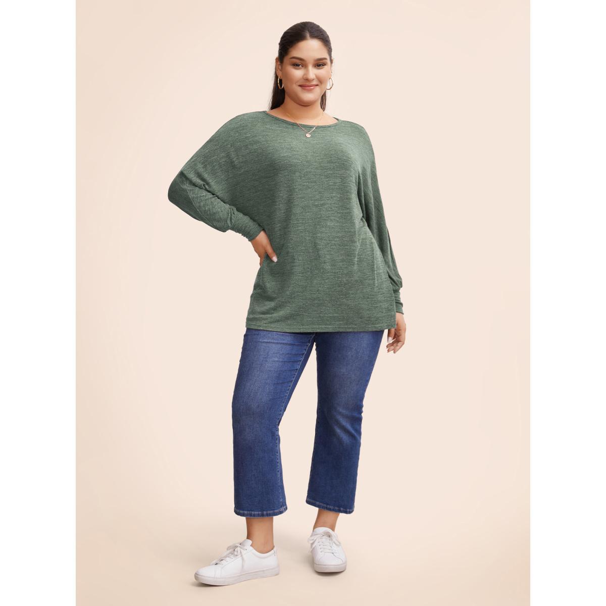 Plus Size Plain Heather Elastic cuffs Dolman Sleeve T-shirt Green Women Casual Elastic cuffs Plain Round Neck Everyday T-shirts BloomChic 12/L Product Image