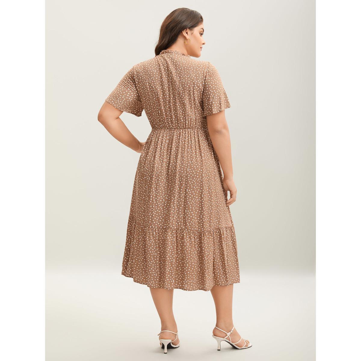 Plus Size Shirred Polka Dots Pockets Midi Dress Tan Women Round Neck Short sleeve Curvy BloomChic 12/L Product Image