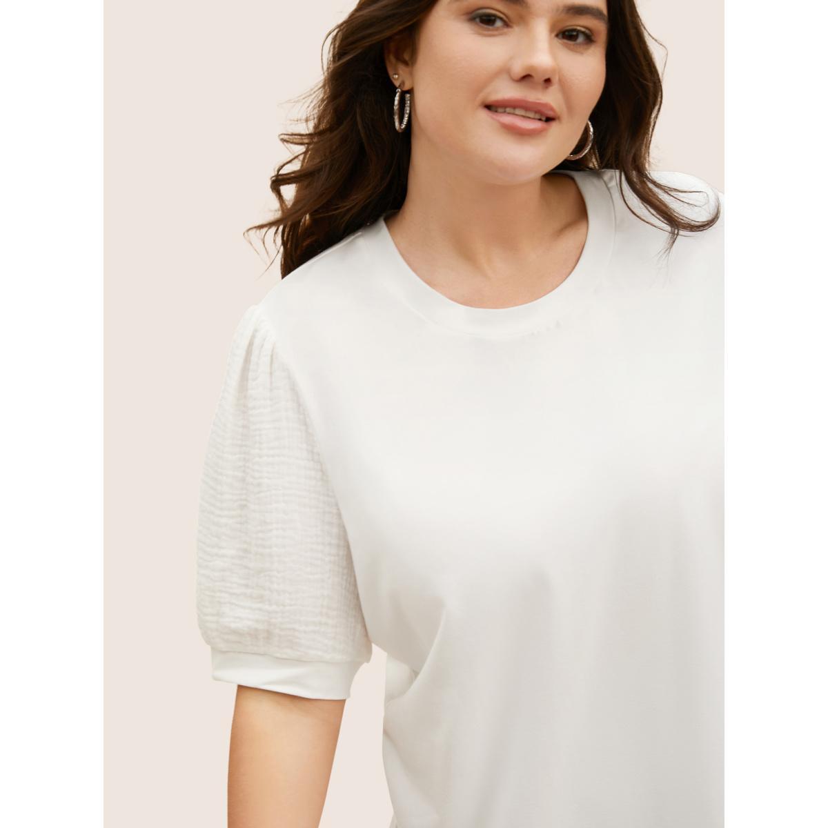 Plus Size Plain Textured Patchwork Lantern Sleeve T-shirt WhiteSmoke Women Casual Texture Round Neck Everyday T-shirts BloomChic 14-16/1X Product Image