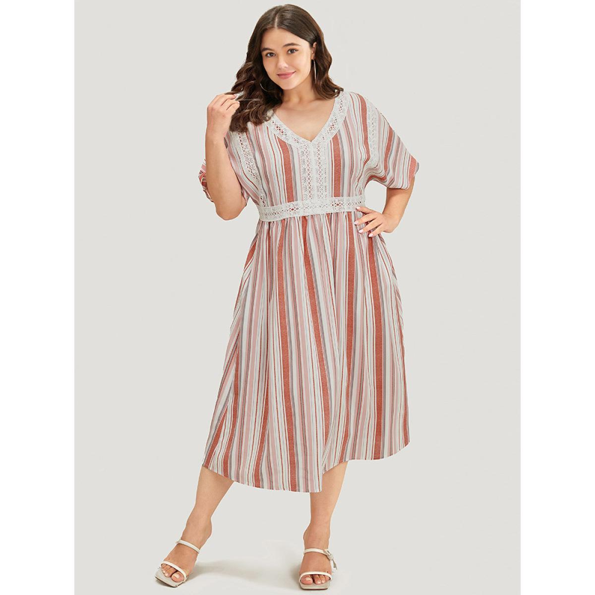 Plus Size Striped Contrast Pocket Lace Batwing Sleeve Midi Dress Crepe Women Vacation Patchwork V-neck Short sleeve Curvy Midi Dress BloomChic 12/L Product Image