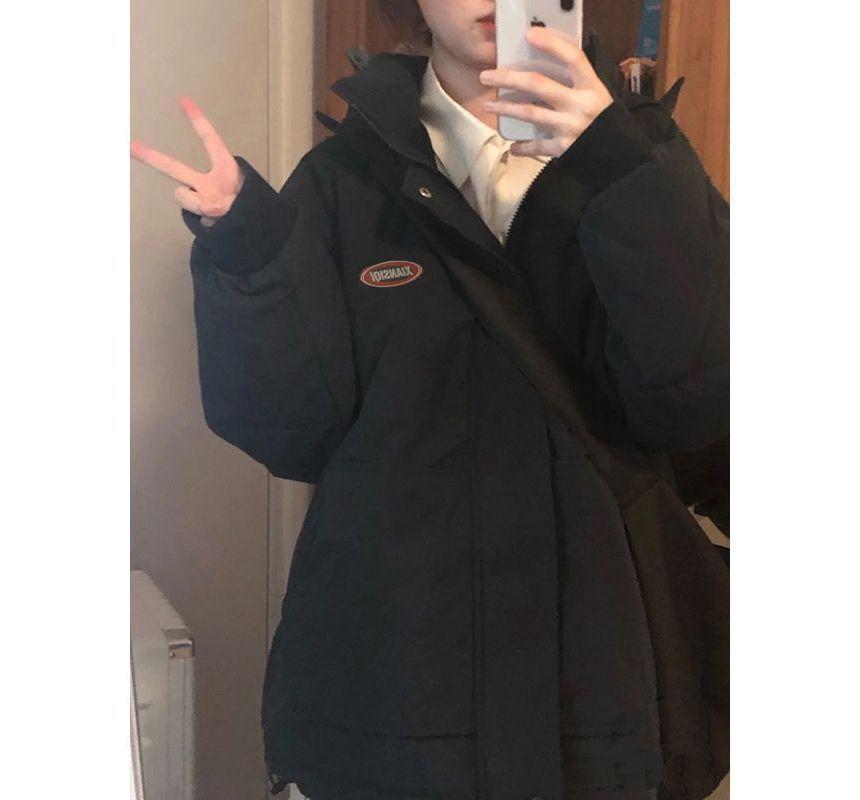 Stand Collar Plain Hood Zip Puffer Jacket Product Image