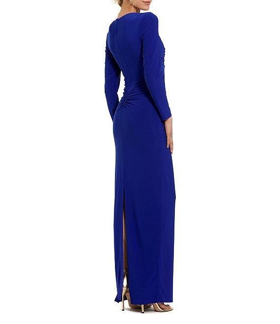 Mac Duggal Jersey Knit V-Neck Long Sleeve Front Twist Knot Sheath Dress Product Image