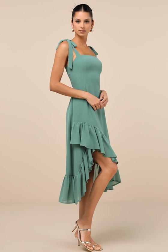 Tamryn Dark Sage Asymmetrical Ruffled Midi Dress Product Image