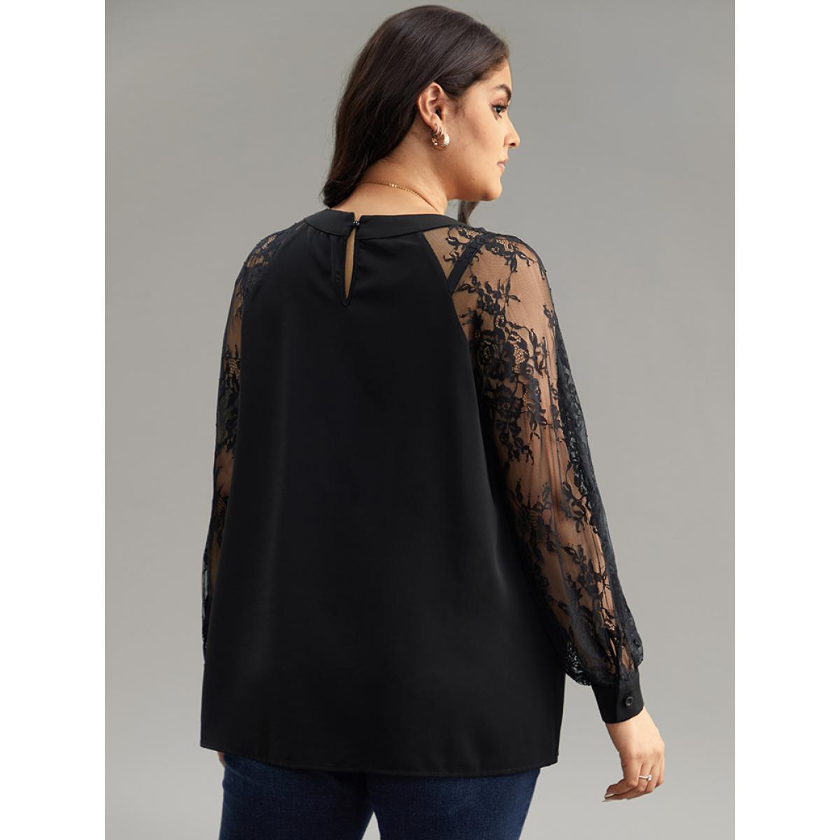 Plus Size Black Anti-Wrinkle Crochet Lace Mesh Keyhole Blouse Women Office Long Sleeve Keyhole Cut-Out Work Blouses BloomChic 14-16/1X Product Image