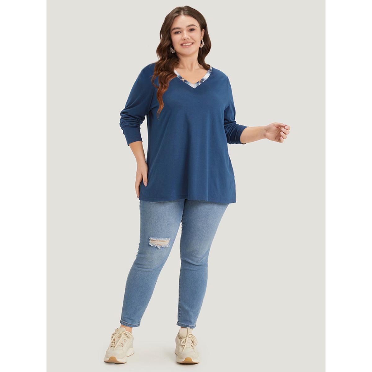 Plus Size Plaid Patchwork V Neck Split Side T-shirt Indigo Women Casual Patchwork Gingham V-neck Dailywear T-shirts BloomChic 12/L Product Image