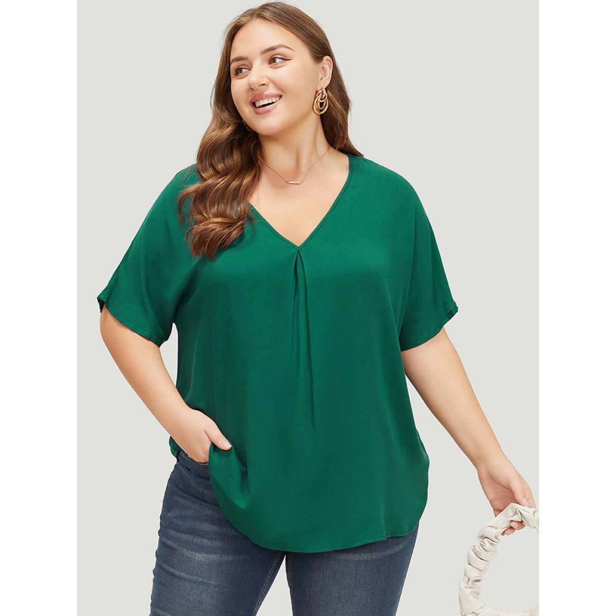 Plus Size ArmyGreen Plain Plicated Detail Batwing Sleeve Curved Hem Blouse Women Office Short sleeve V-neck Work Blouses BloomChic 12/L Product Image