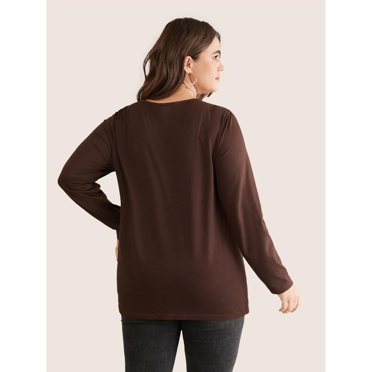 Plus Size Contrast Patchwork Long Sleeve T-shirt DarkBrown Women Casual Contrast Plain V-neck Everyday T-shirts BloomChic 26/4X Product Image