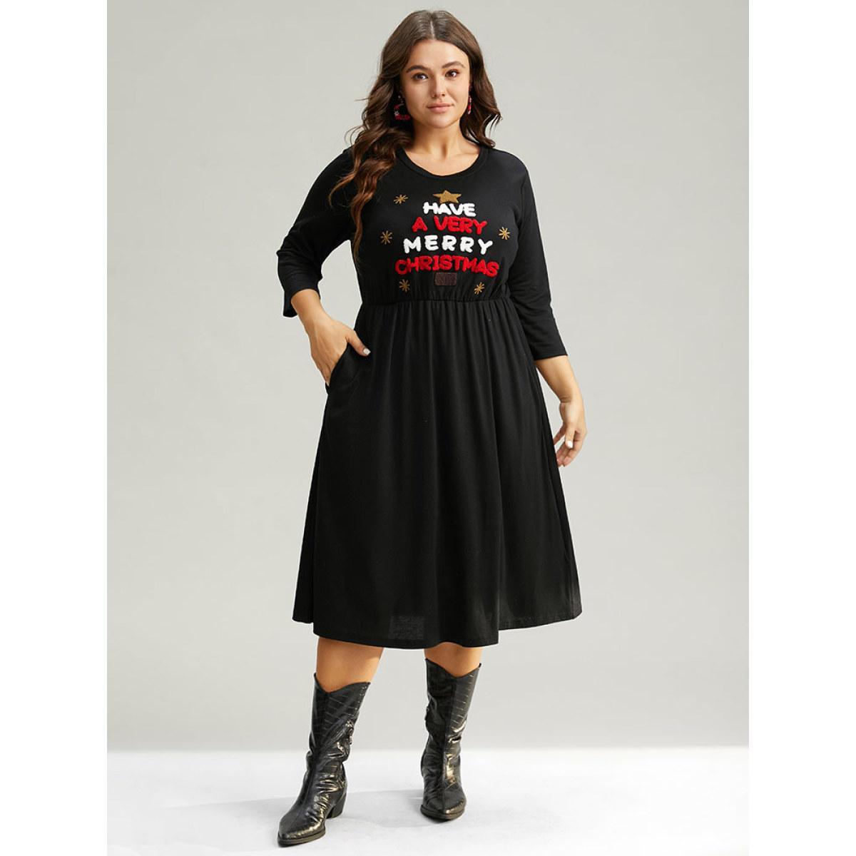 Plus Size Christmas Embroidered Star Elastic Waist Dress Black Women Casual Embroidered Round Neck Elbow-length sleeve Curvy Midi Dress BloomChic 14-16/1X Product Image