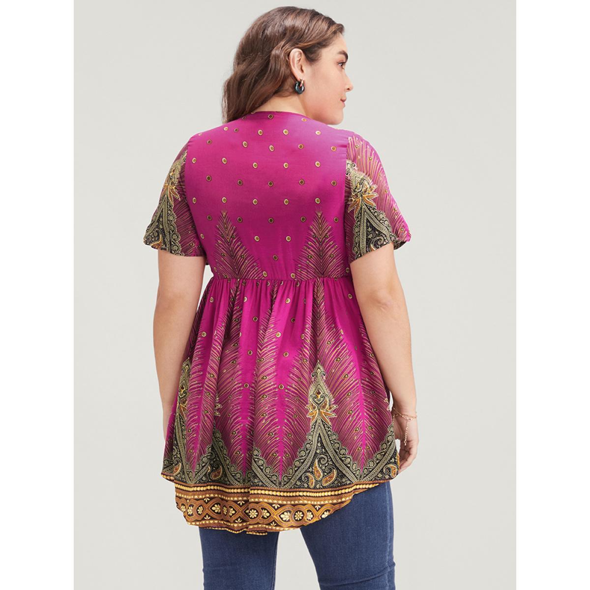 Plus Size RedViolet Bandana High Low Hem Flutter Wrap Blouse Women Vacation Short sleeve V-neck Dailywear Blouses BloomChic 26/4X Product Image