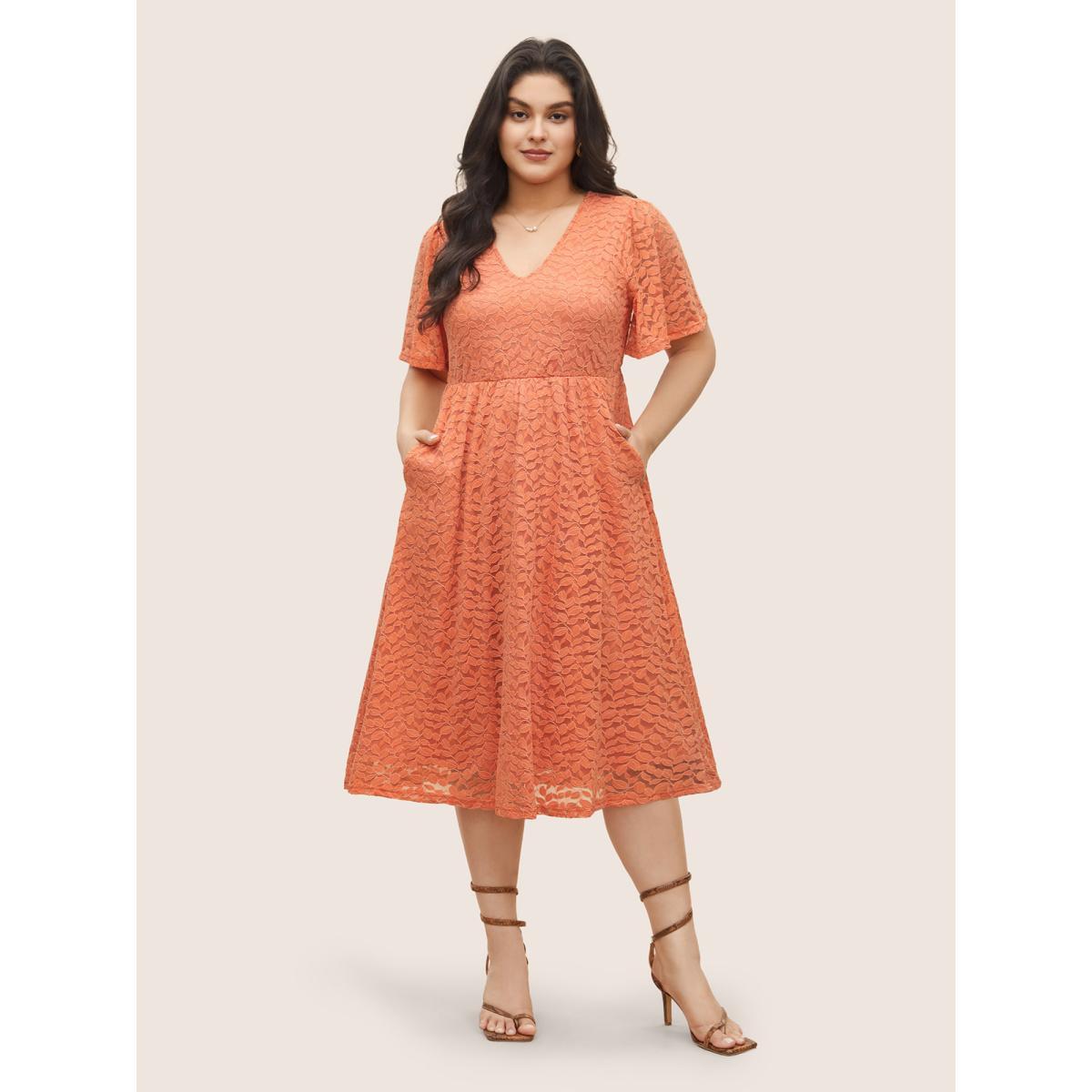 Plus Size Plain Leaf Lace Panel Mesh Texture Dress Coral Women Elegant Non V-neck Short sleeve Curvy Midi Dress BloomChic 10/M Product Image