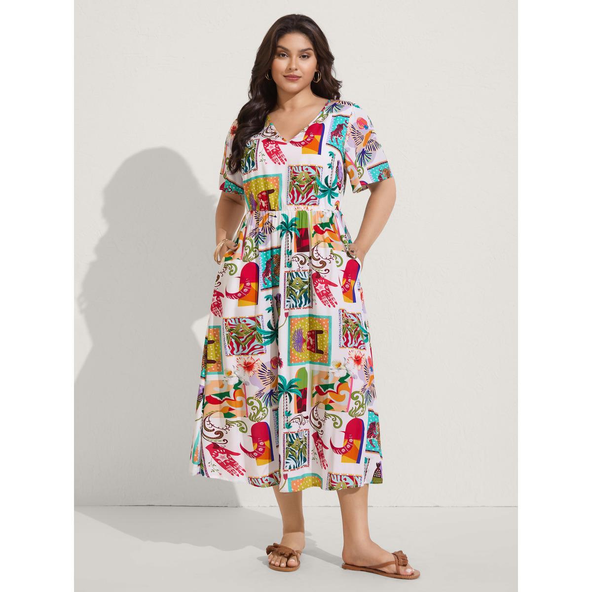 Plus Size Tropical Collage Print Pockets Midi Dress Multicolor Women V-neck Short sleeve Curvy BloomChic 18-20/2X Product Image