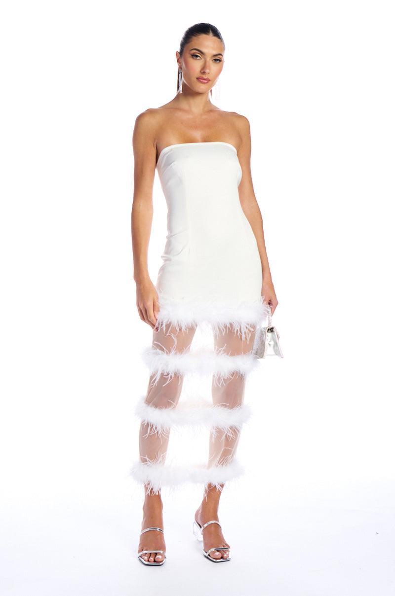READY TO PARTY FEATHER CUT OUT MIDI DRESS Product Image