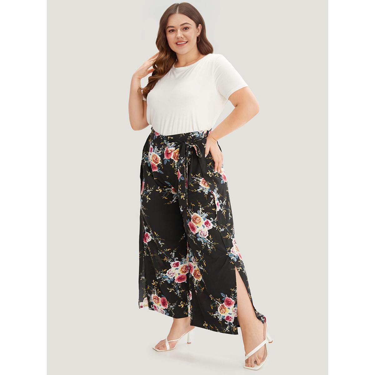 Plus Size Floral Print Belted Split Side Pleated Pants Women BlackFlower Elegant Straight Leg High Rise Dailywear Pants BloomChic 22-24/3X Product Image