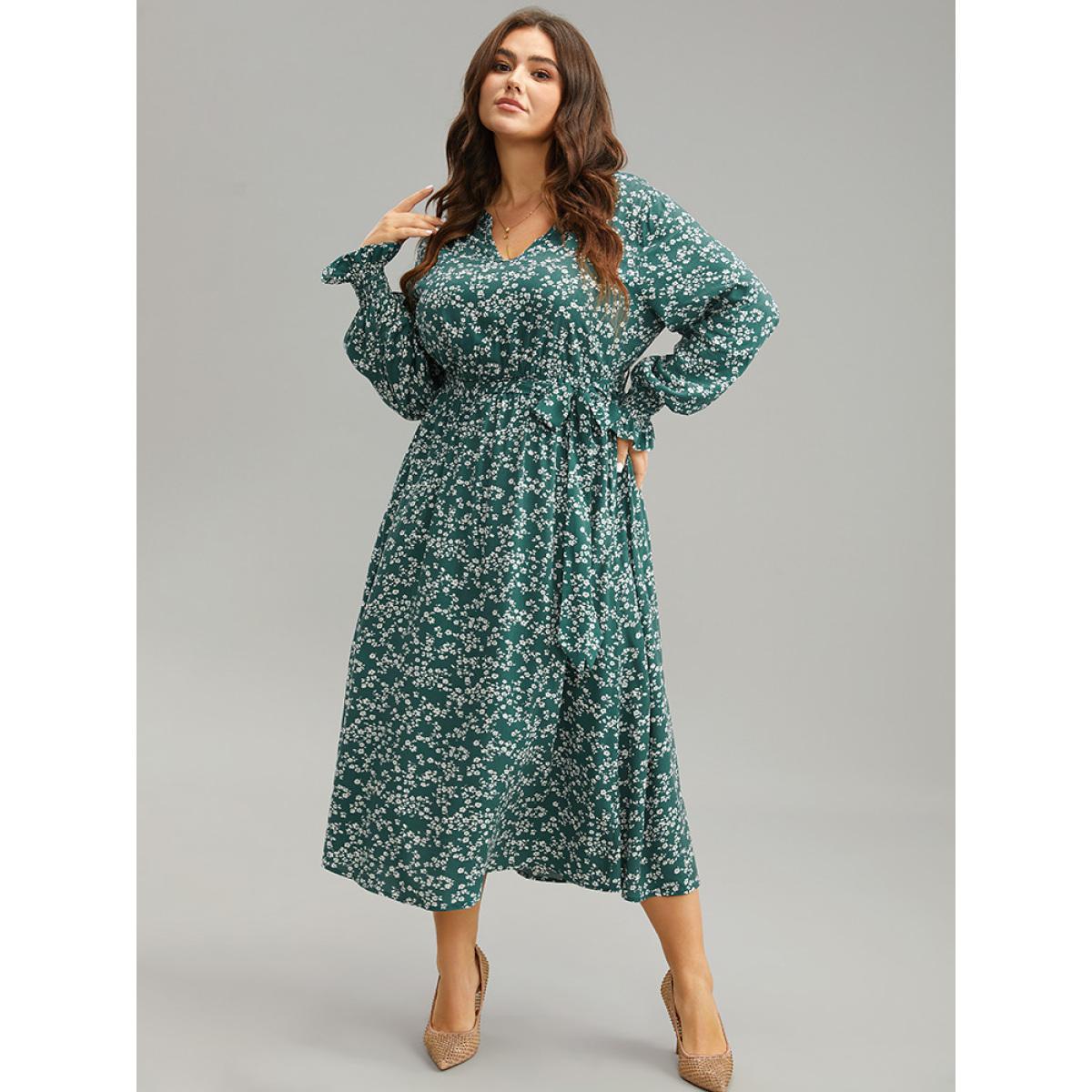 Plus Size Ditsy Floral Shirred Belted Notched Dress DarkGreen Women Elegant Belted Notched collar Long Sleeve Curvy Midi Dress BloomChic 14-16/1X Product Image