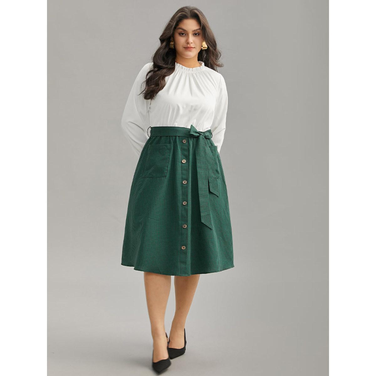 Plus Size Gingham Belted Frill Trim Button Detail Dress DarkGreen Women Elegant Printed Mock Neck Long Sleeve Curvy Midi Dress BloomChic 12/L Product Image