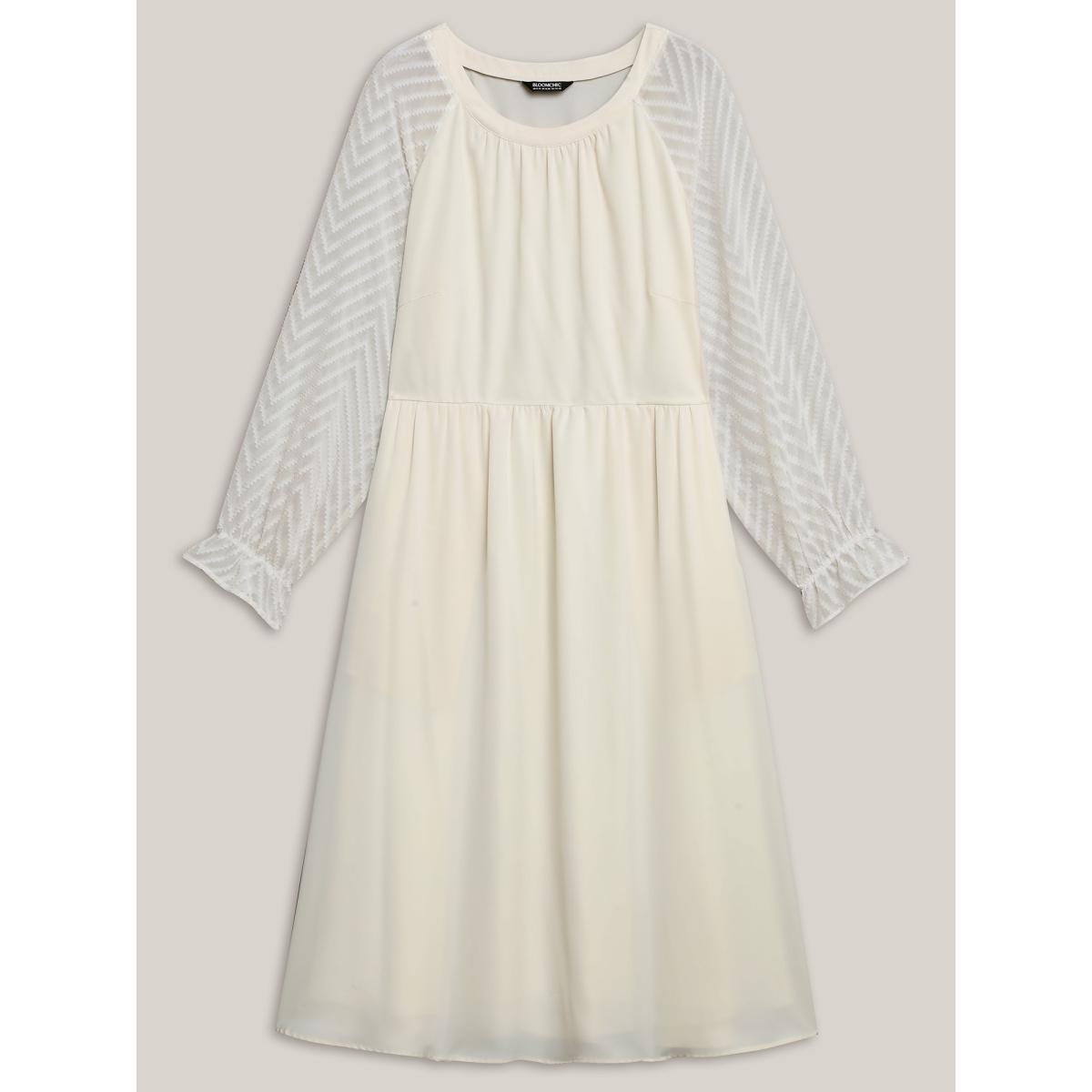 Plus Size Stretchy-Waist Pockets Plain Textured Midi Dress Beige Women Elegant Texture Round Neck Long Sleeve Curvy BloomChic 26/4X Product Image