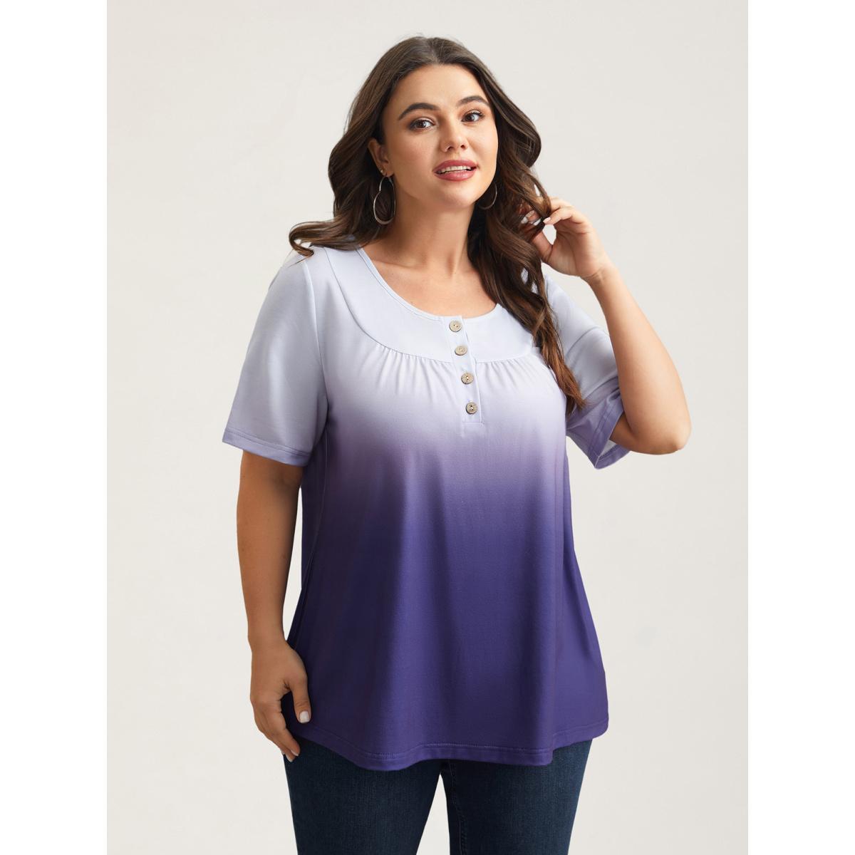 Plus Size Gradient Pleated Button-Front T-Shirt Deeppurple Women Casual Gathered Round Neck Everyday T-shirts BloomChic 26/4X Product Image