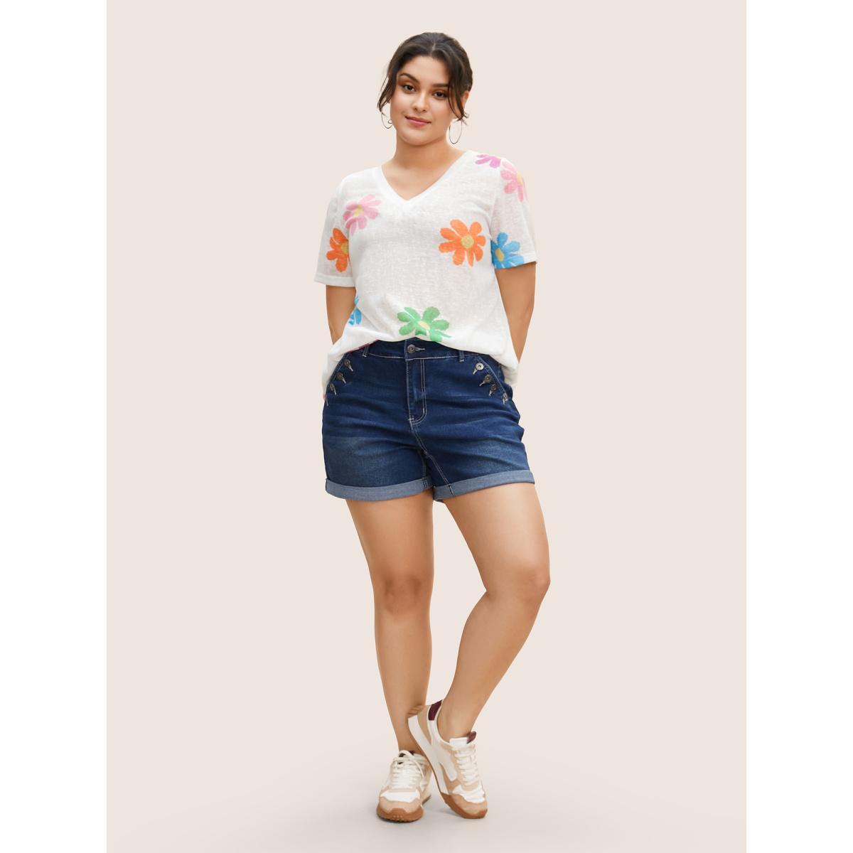 Plus Size Colored Floral V Neck See Through T-Shirt WhiteSmoke Women Casual See through Art&design V-neck Everyday T-shirts BloomChic 30/6X Product Image