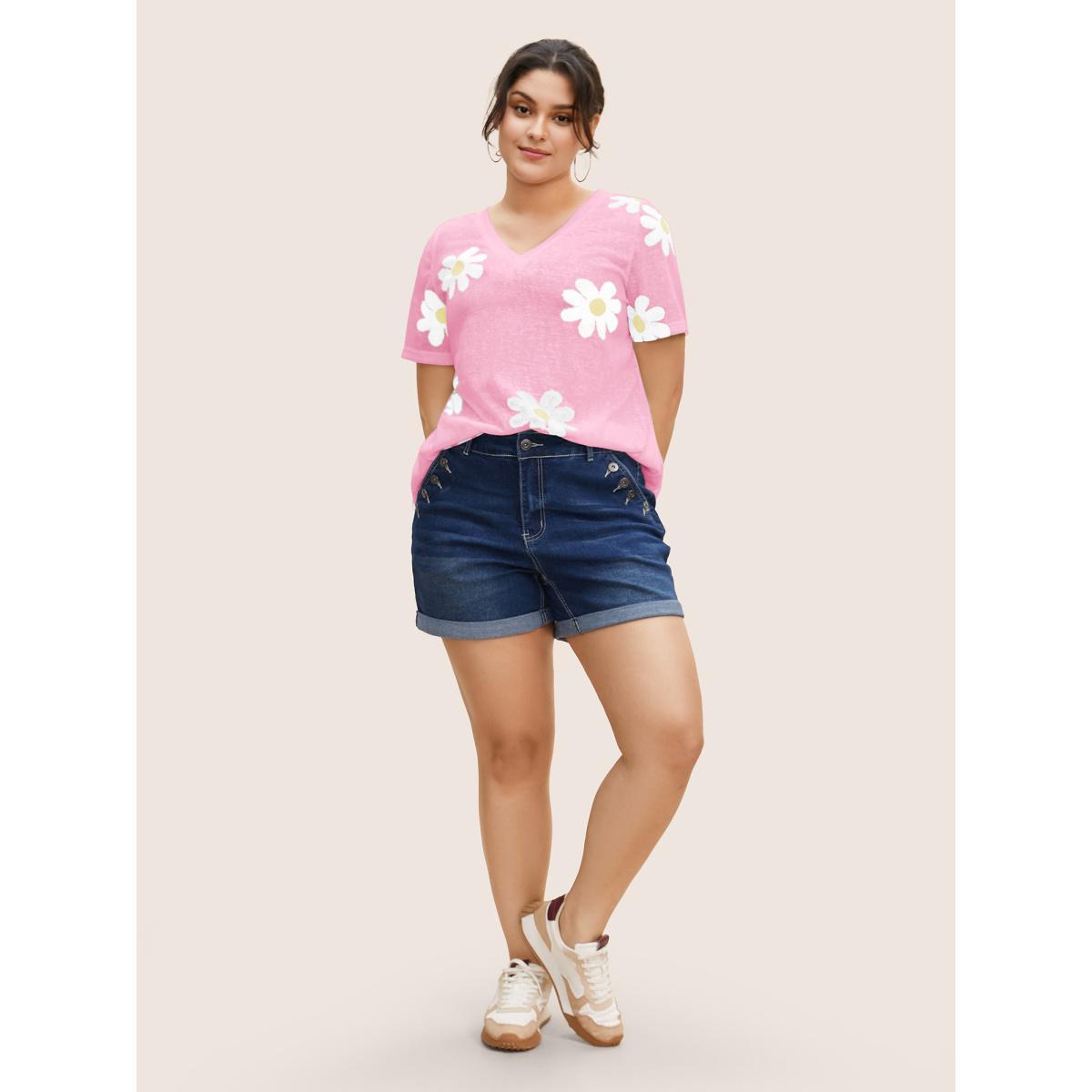 Plus Size Colored Floral V Neck See Through T-Shirt Blush Women Casual See through Art&design V-neck Everyday T-shirts BloomChic 30/6X Product Image
