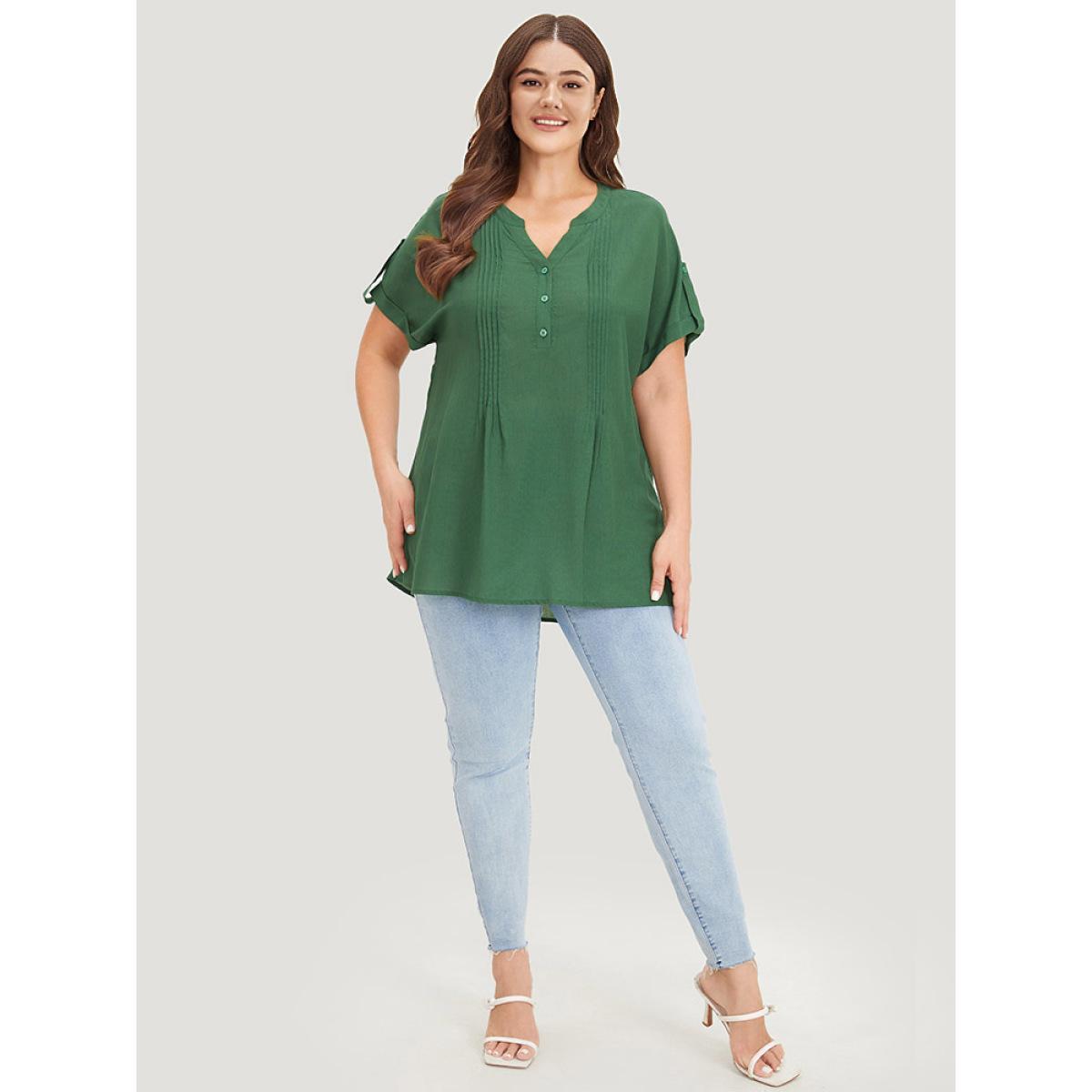 Plus Size ArmyGreen Solid Cuffed Sleeve Pleated Notched Blouse Women Elegant Short sleeve Notched collar Dailywear Blouses BloomChic 12/L Product Image