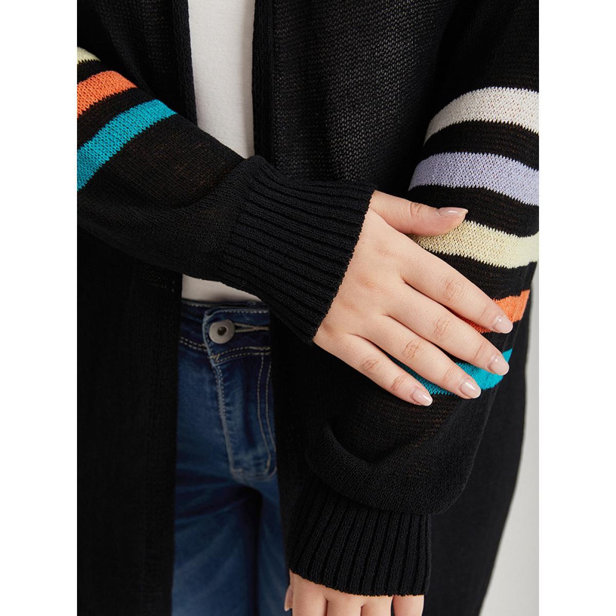 Plus Size Rainbow Striped Open Front Drop Shoulder Cardigan Black Women Casual Loose Long Sleeve Dailywear Cardigans BloomChic 10/M Product Image