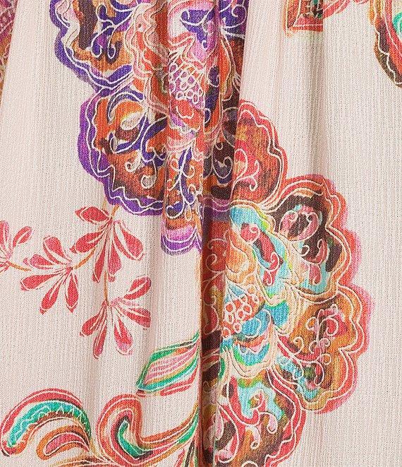 Democracy Petite Size Woven Floral Paisley Split V-Neck Elbow Sleeve Button-Front Top Product Image