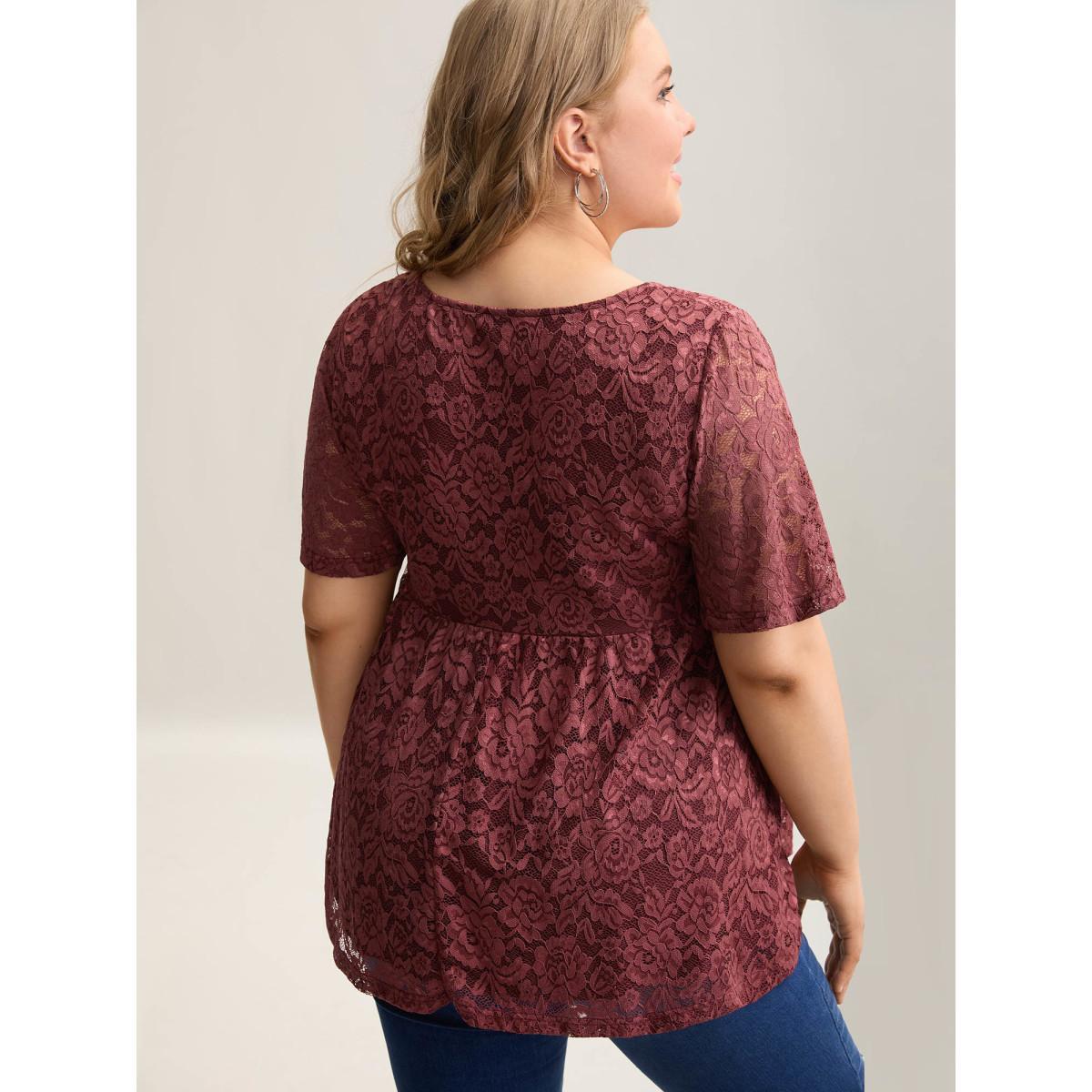 Plus Size Lace Round Neck Babydoll Top Russet Women Casual Gathered Round Neck Bodycon Everyday T-shirts BloomChic 28/5X Product Image