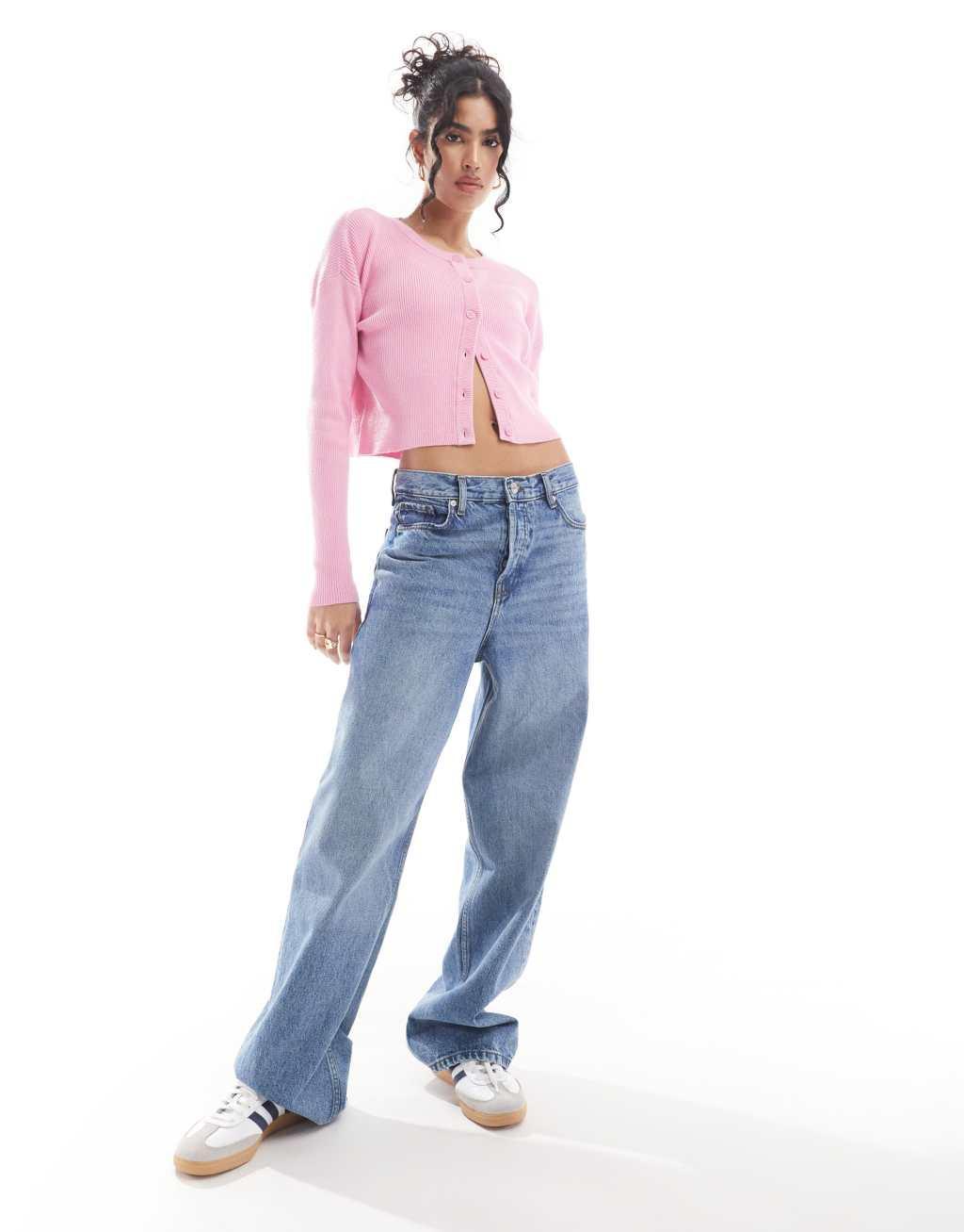 ASOS DESIGN slim fit cardigan with crew neck in pink Product Image