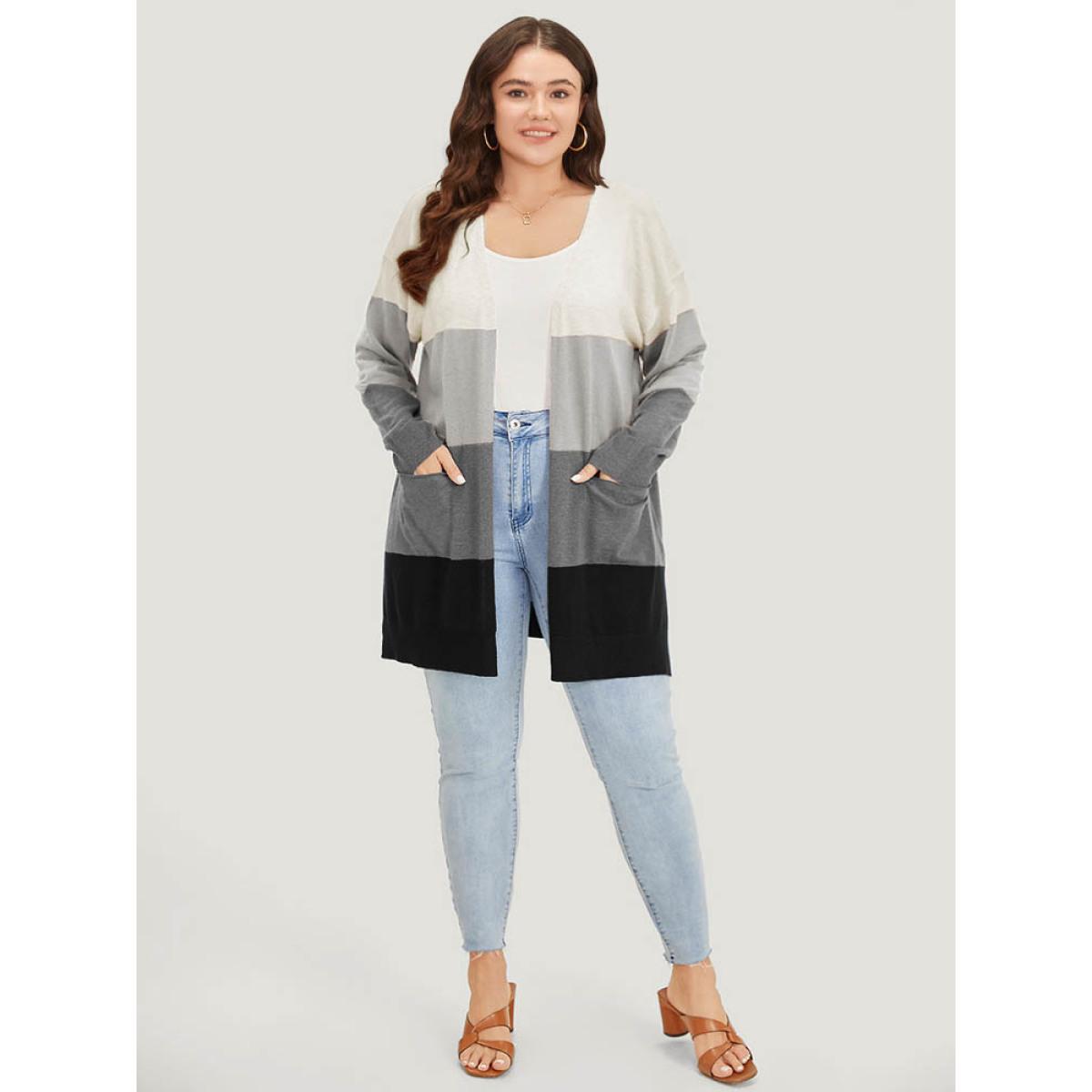 Plus Size Supersoft Essentials Colorblock Contrast Pocket Split Side Cardigan DarkGray Women Casual Loose Long Sleeve Everyday Cardigans BloomChic 12/L Product Image