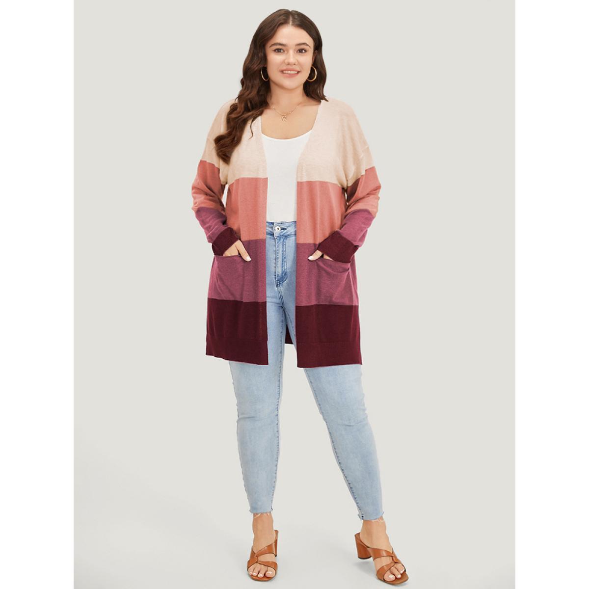Plus Size Supersoft Essentials Colorblock Contrast Pocket Split Side Cardigan RedViolet Women Casual Loose Long Sleeve Everyday Cardigans BloomChic 10/M Product Image