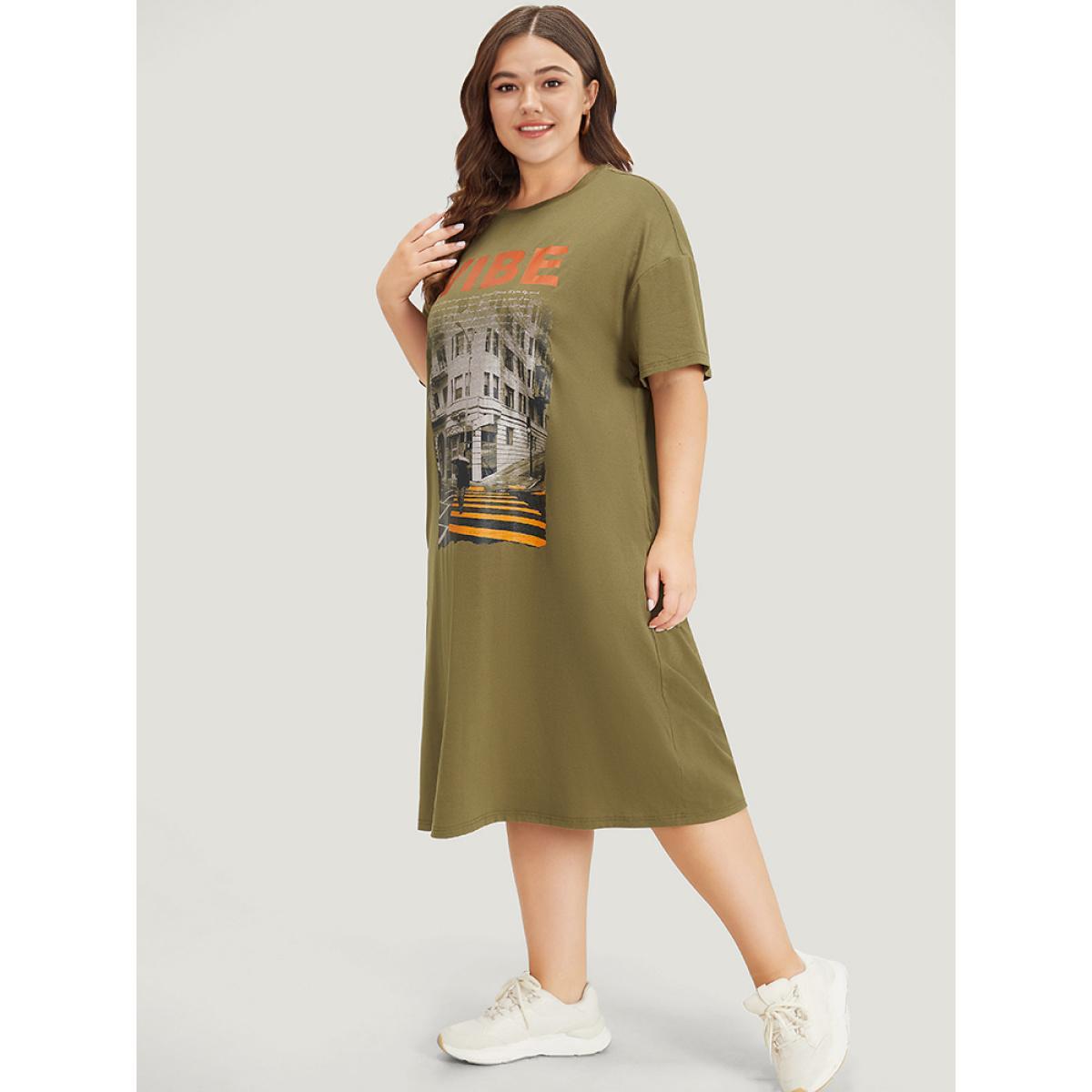 Plus Size Letter & Graphic Print Pocket Crew Neck Dress ArmyGreen Women Casual Plain Curvy Midi Dress BloomChic 30/6X Product Image