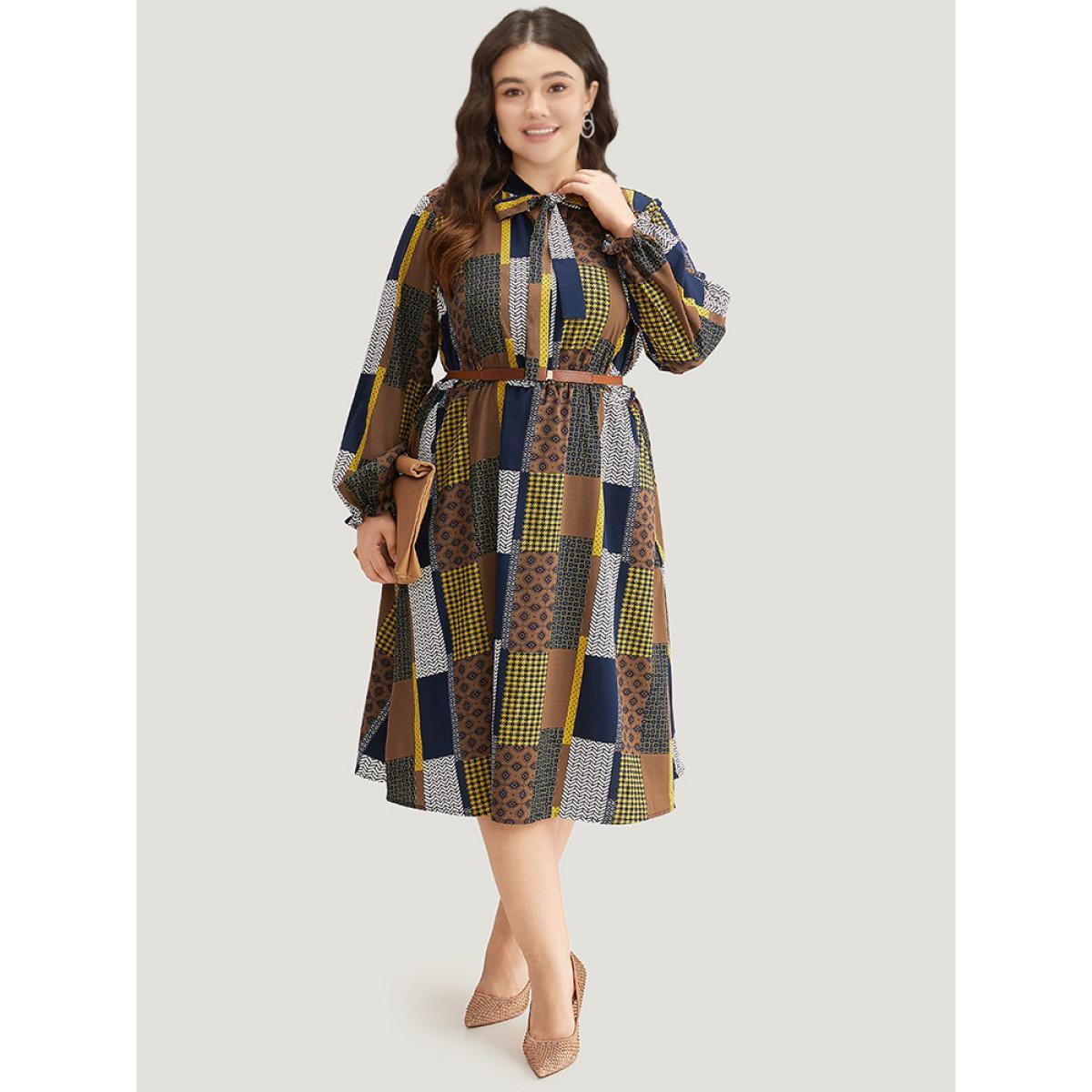 Plus Size Colorblock Patchwork Lantern Sleeve Knot Dress Multicolor Women Office Cross straps Tie Neck Long Sleeve Curvy Midi Dress BloomChic 30/6X Product Image