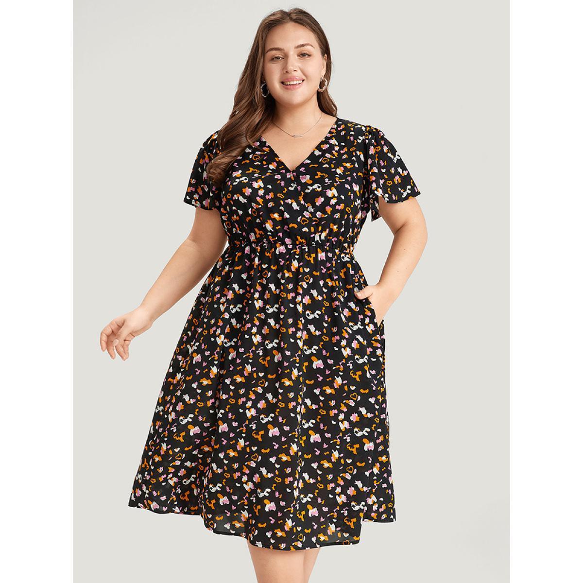 Plus Size Colour Leopard Print Wrap Elastic Waist Ruffle Hem Dress Black Women Elegant Elastic Waist V-neck Short sleeve Curvy Midi Dress BloomChic 22-24/3X Product Image
