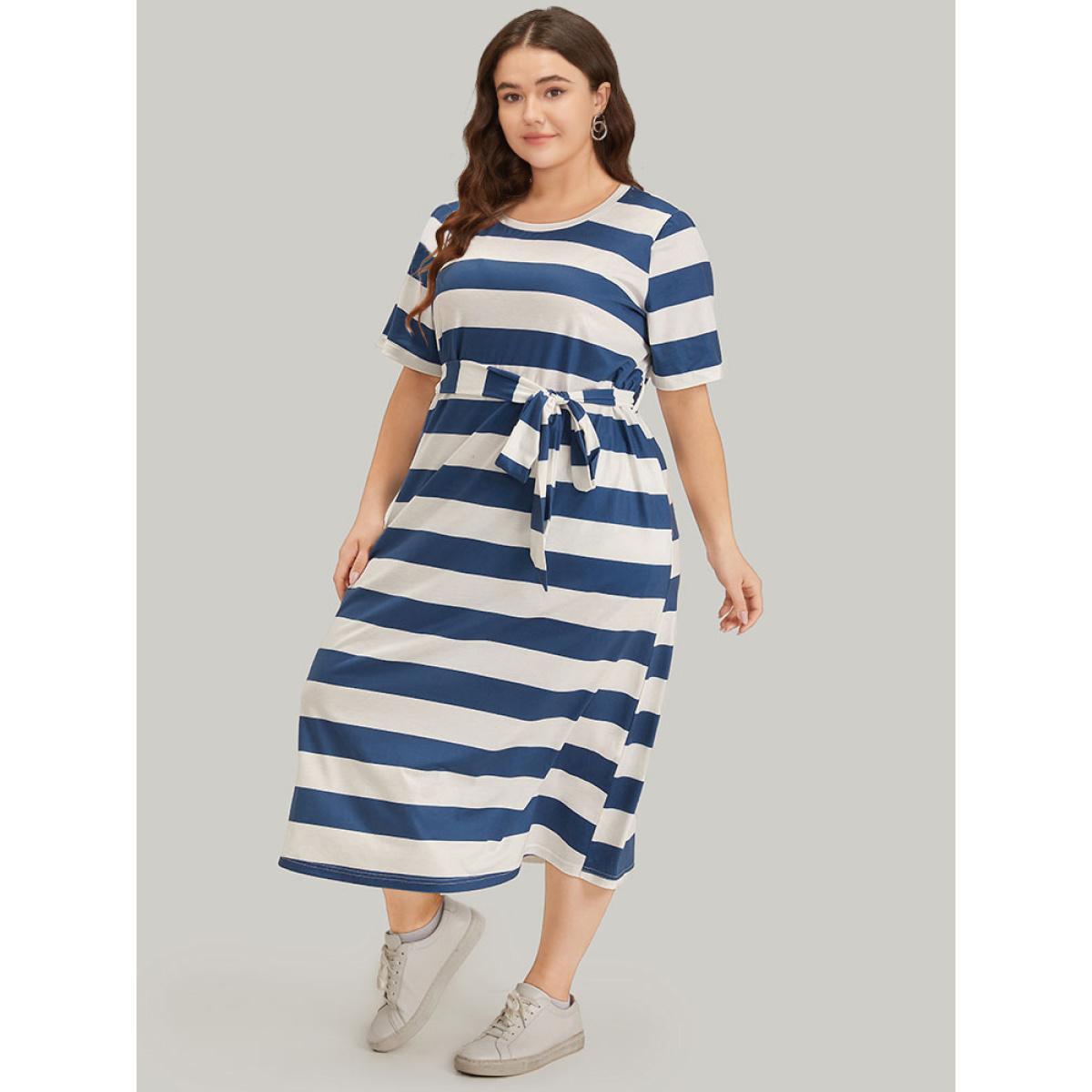Plus Size Striped Ties Pocket Crew Neck Dress Cerulean Women Casual Belted Round Neck Short sleeve Curvy Midi Dress BloomChic 14-16/1X Product Image