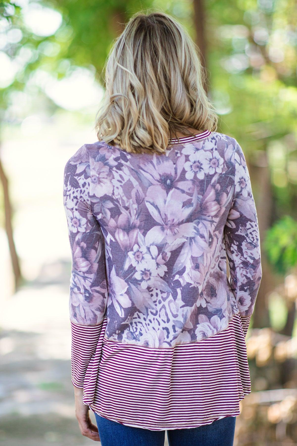 Burgundy Floral Print and Stripe Top Product Image