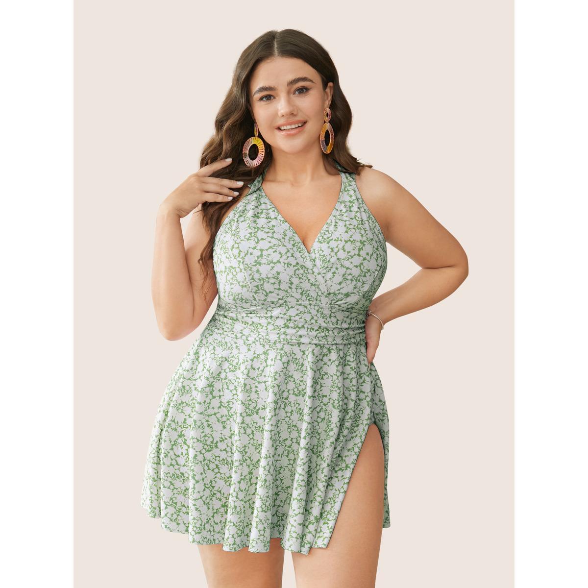 Plus Size Ditsy Floral Halter Neck Split Hem Swim Dress Women's Swimwear Mint Beach Bodycon V-neck High stretch Curve Swim Dresses BloomChic 12/L Product Image